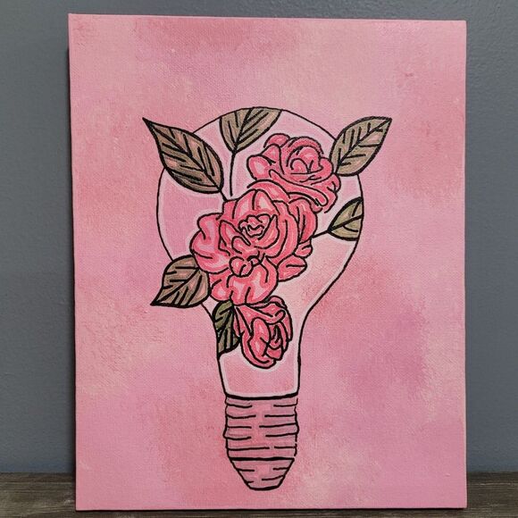 Handmade 8"x10" pink floral lightbulb painted canvas - Picture 1 of 1